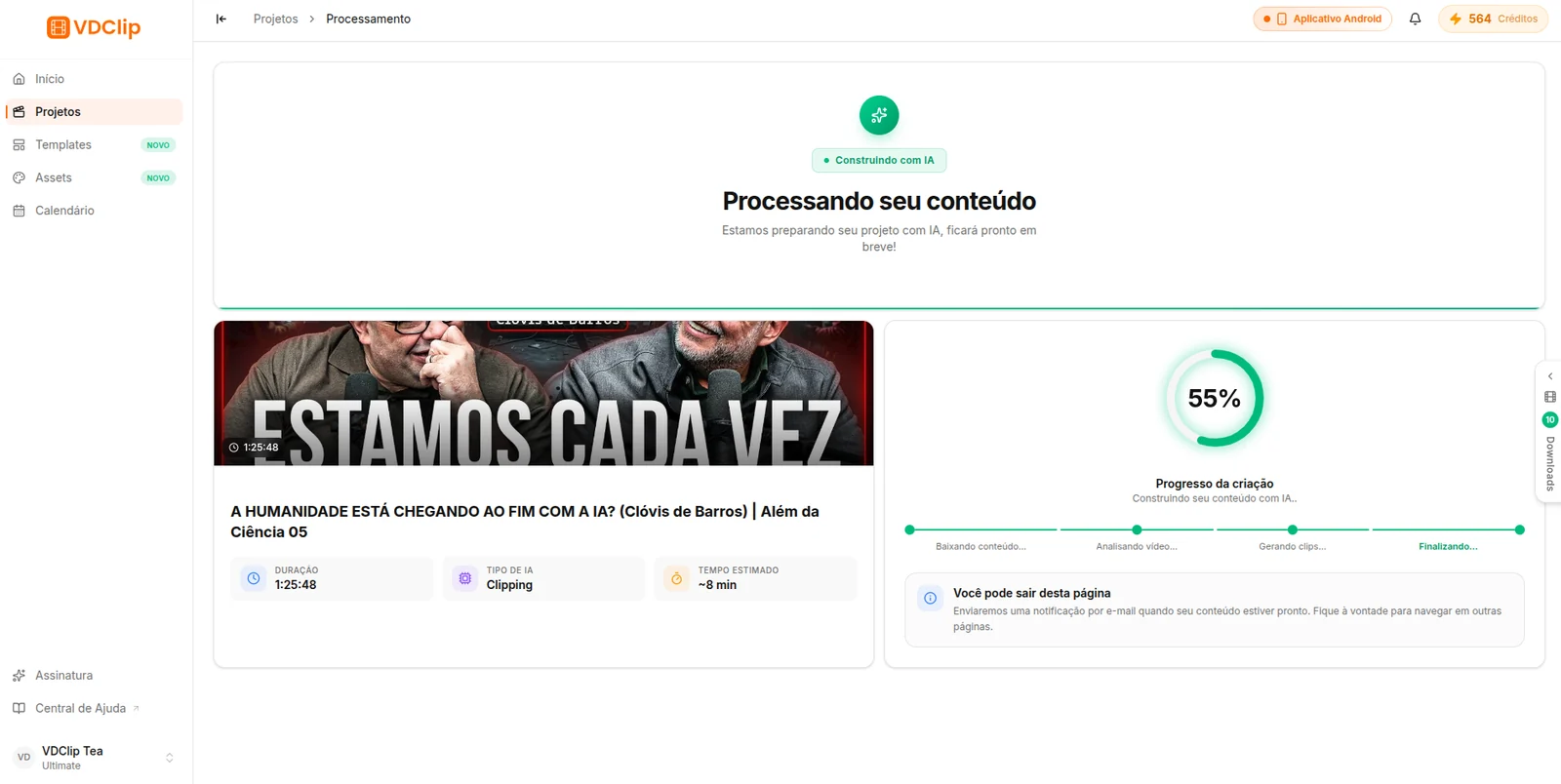 Tela mostrando a análise de um vídeo pela IA