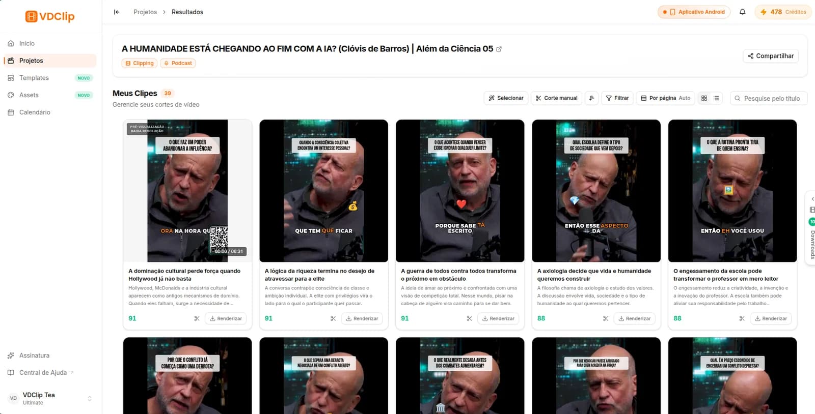 Tela com os resultados dos cortes gerados