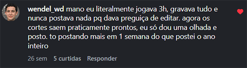 Comentário real de @wendel_wd sobre economizar tempo com os cortes do VDClip