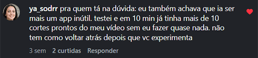 Comentário real de @ya_sodrr sobre os cortes do VDClip